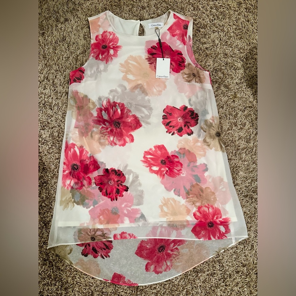 Calvin Klein Red and Pink Floral chiffon Dress NEVER WORN
